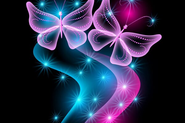 Las mariposas azules y Rosadas brillan con neón