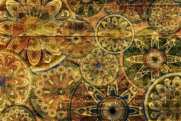 Motifs en cercles dans des tons de jaune-brun en sourdine