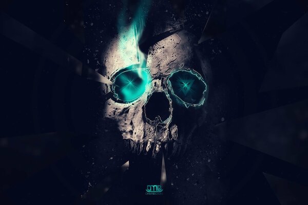 An emerald skull on a dark background. Minimalism and abstraction. 1920 x 1080