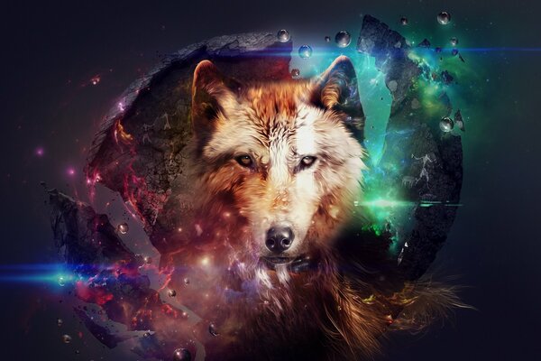 Hermoso collage con el lobo en el fondo del espacio