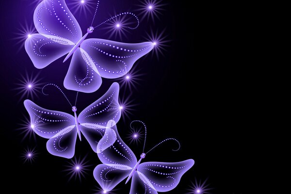 Abstracción de neón brillante púrpura mariposa sobre fondo negro