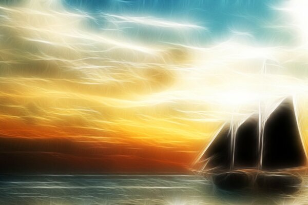 Segelboot im Meer bei Sonnenuntergang