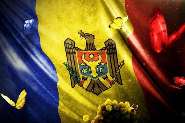 Bandera de Moldavia con mariposas voladoras
