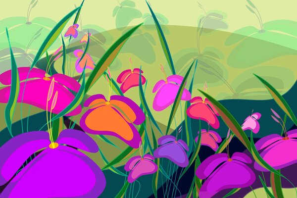 Le dessin qui représente une Prairie avec des fleurs