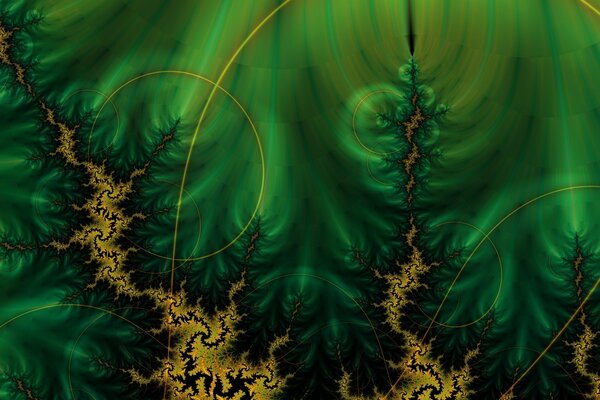 Su uno sfondo verde scuro, frattali, cerchi e linee