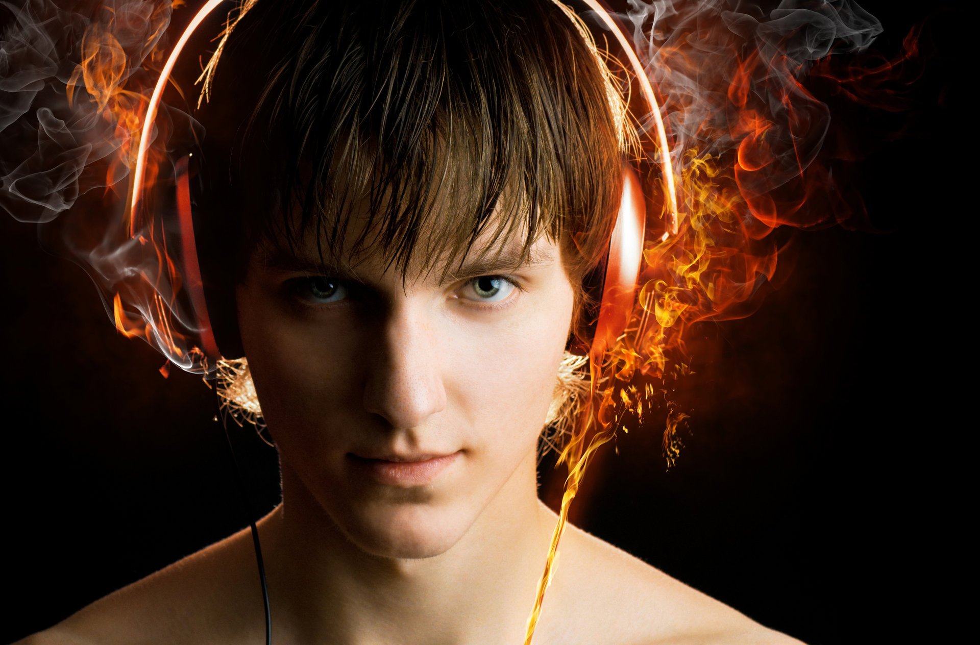 flames fire headphones guy view wire