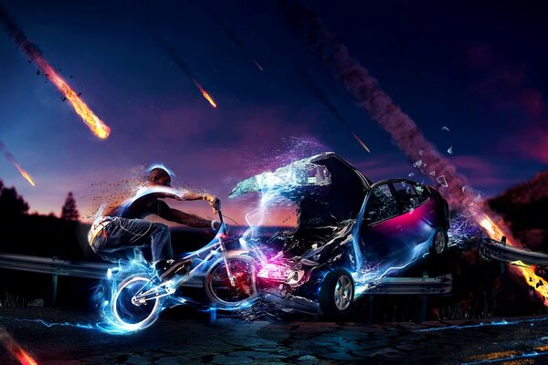 Fantasy collision of a car and a cyclist against the background of a meteor shower