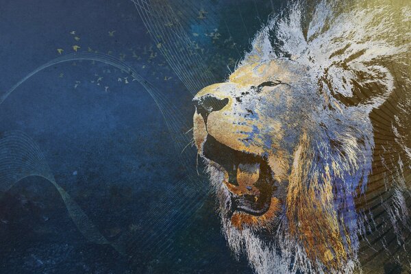 A roaring lion on a dark blue background