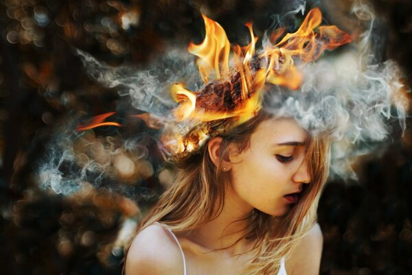 Cute girl with burning hair