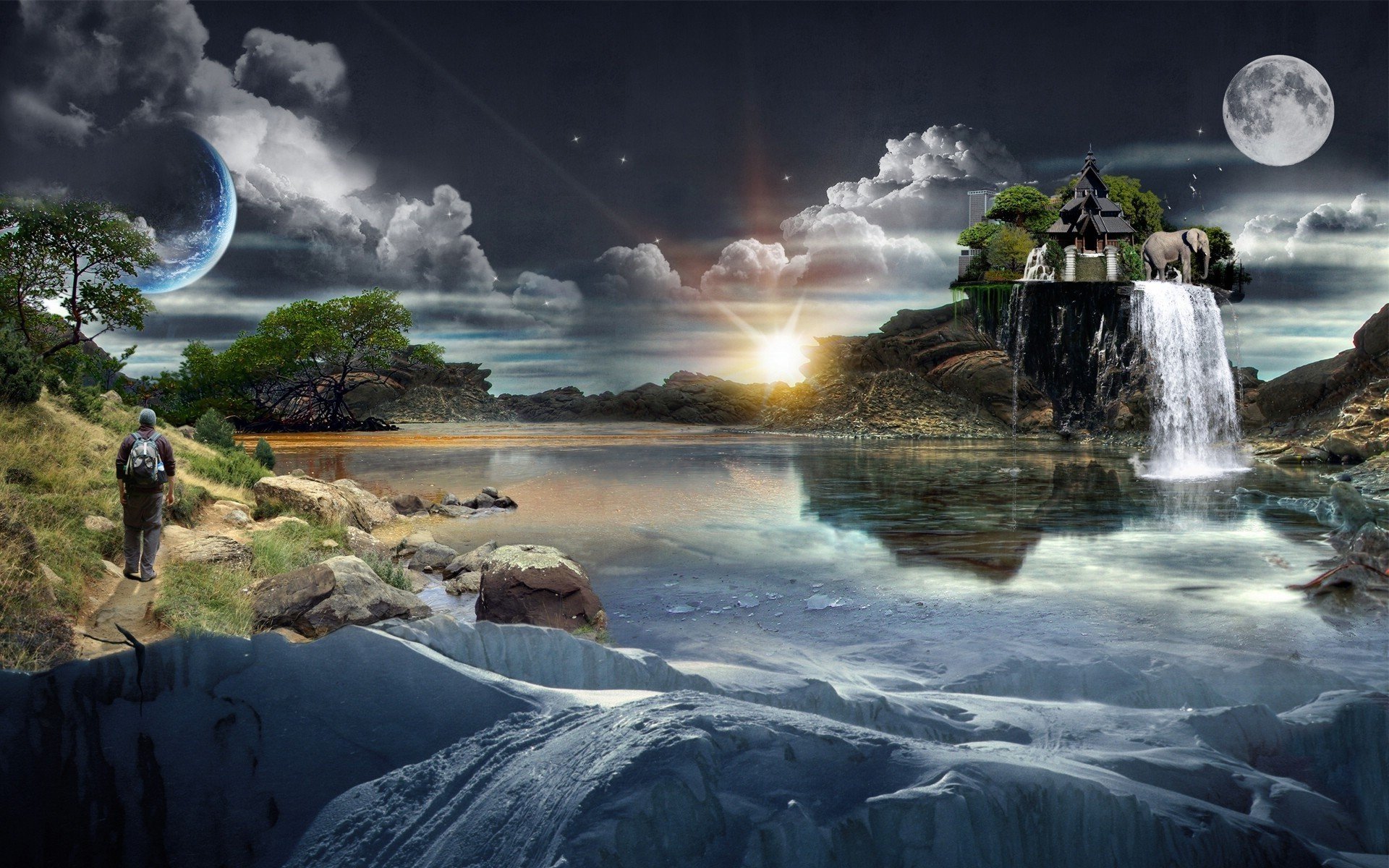 water river island house waterfall man elephant firmament moon planet sky clouds trees reflection