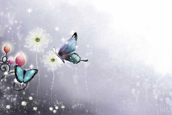 Turquoise butterflies on white flowers and curls