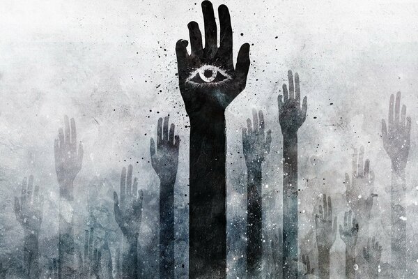 Black and white forest of hands with eyes