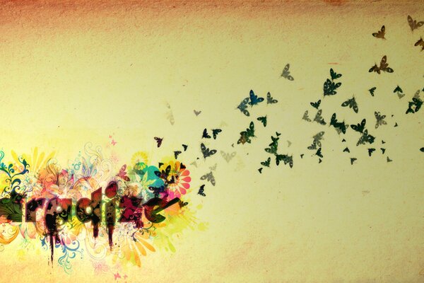 Drawing on the wall in the form of butterflies in paradise