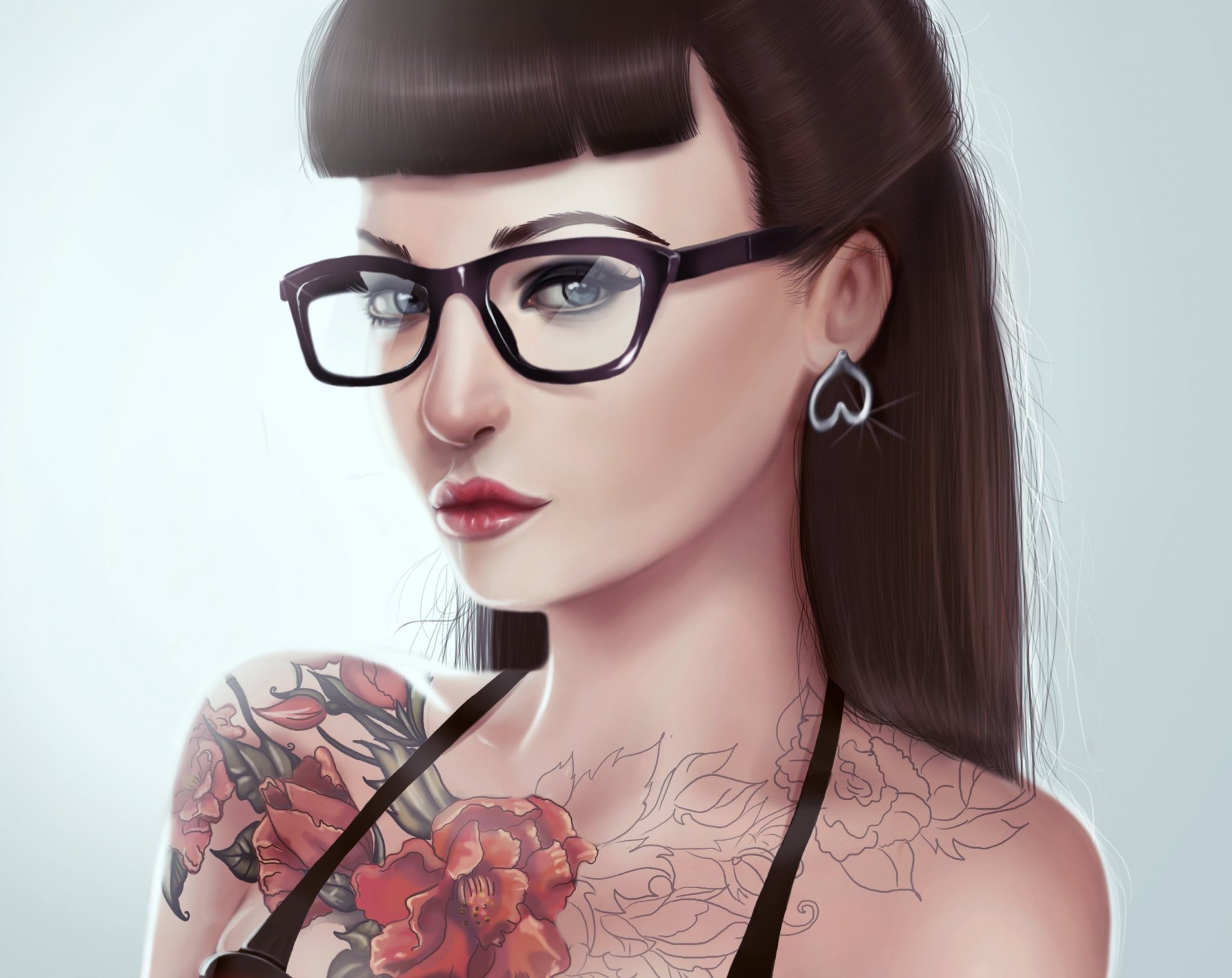 pintura arte chica mirada pelo flequillo gafas tatuaje