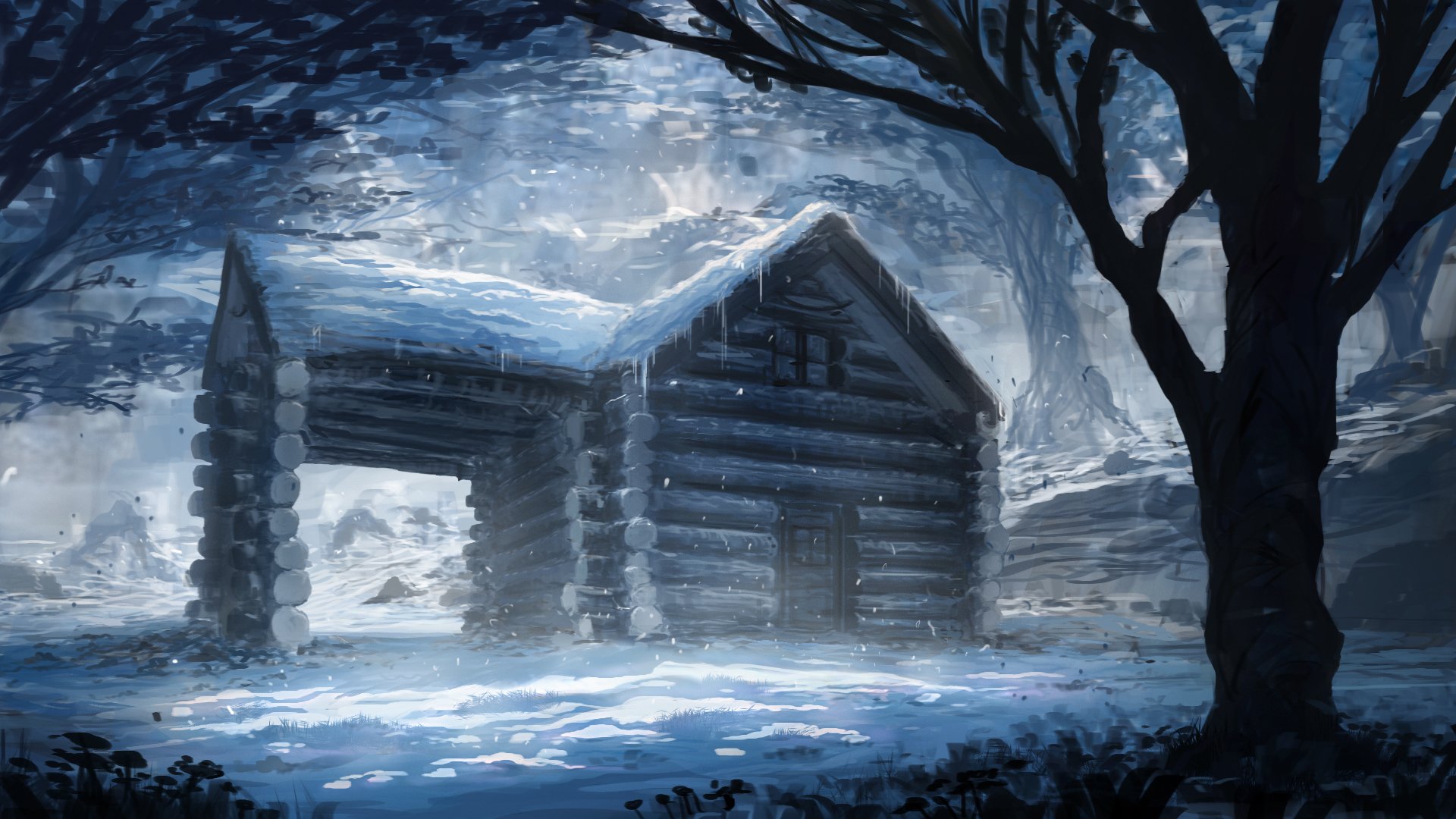 pittura arte inverno neve casa alberi