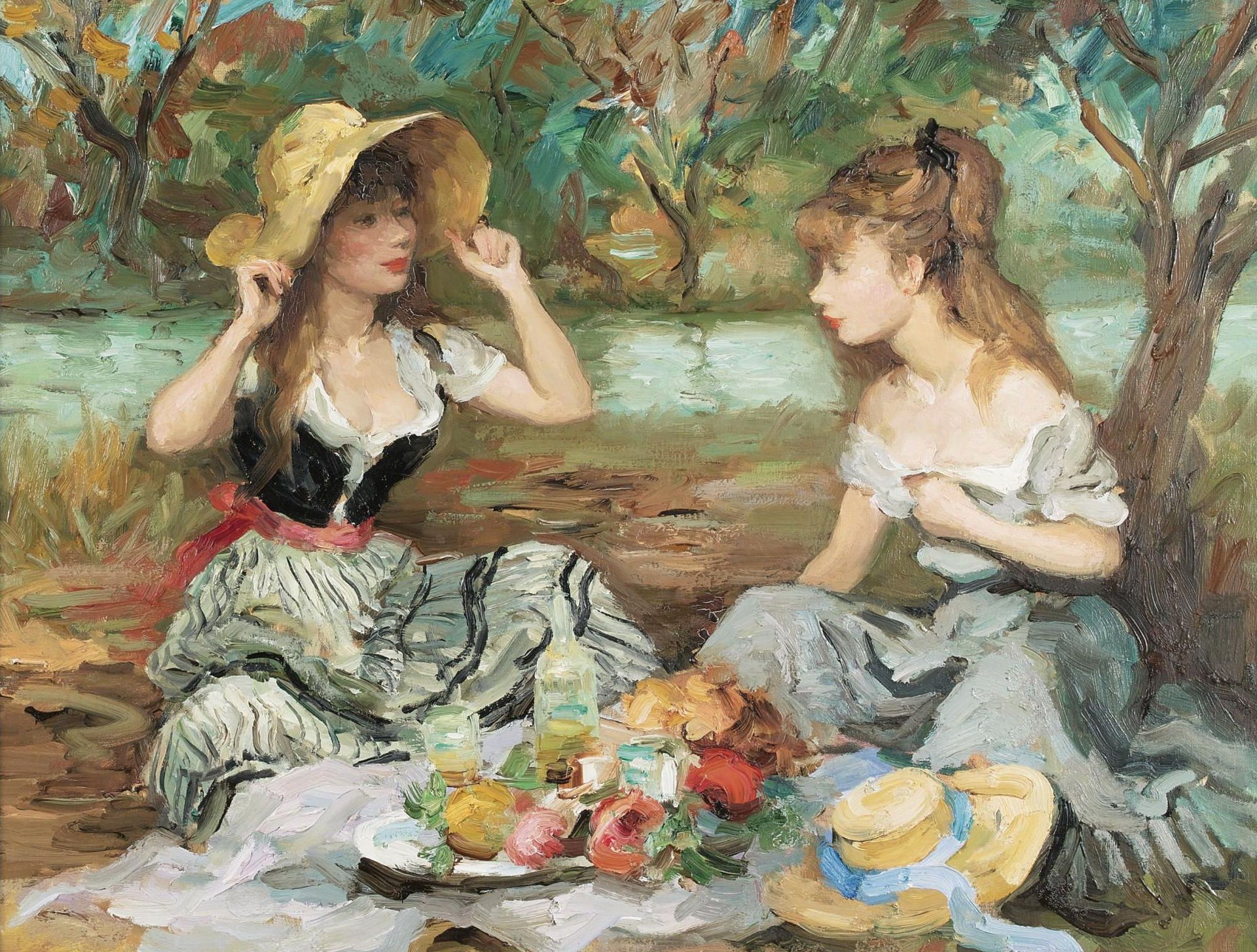 marcel dif paesaggio con due ragazze pittura genere natura picnic