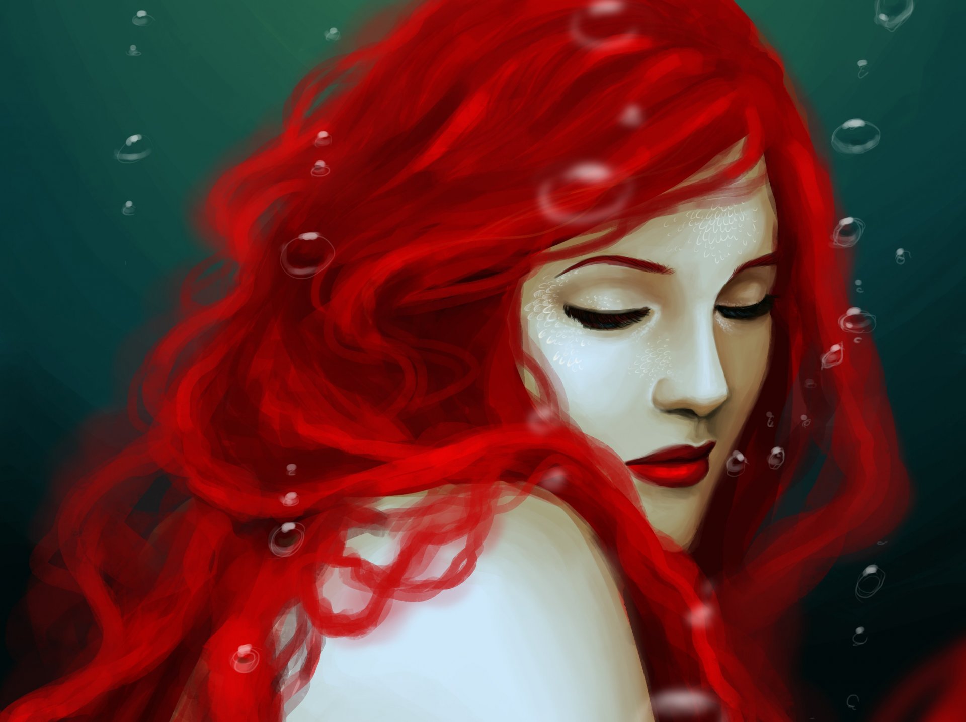 art mermaid eyes closed red hair shoulders water bubble