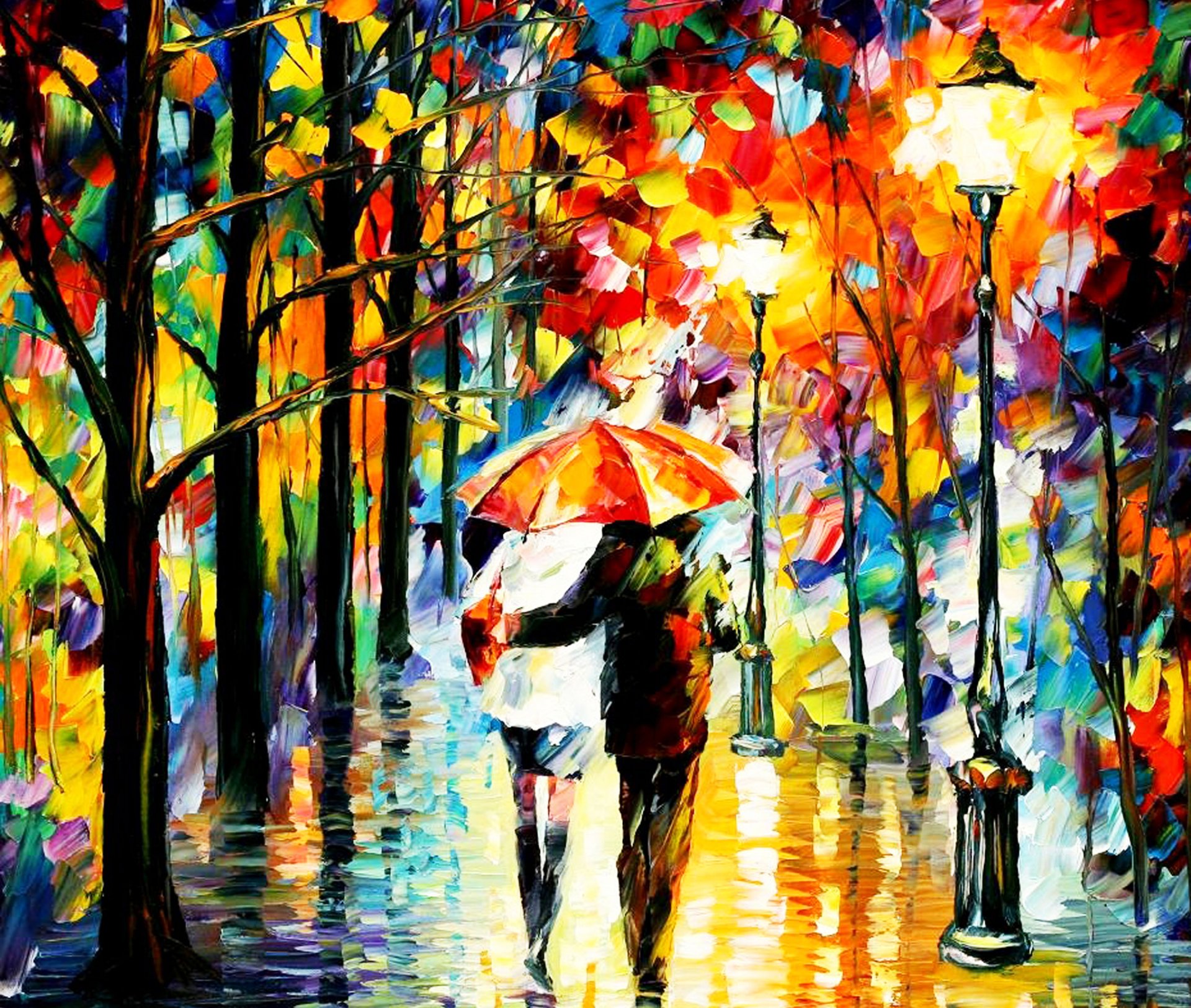 leonid afremov pintura género otoño lluvia paraguas pareja amantes parque callejón linterna luces