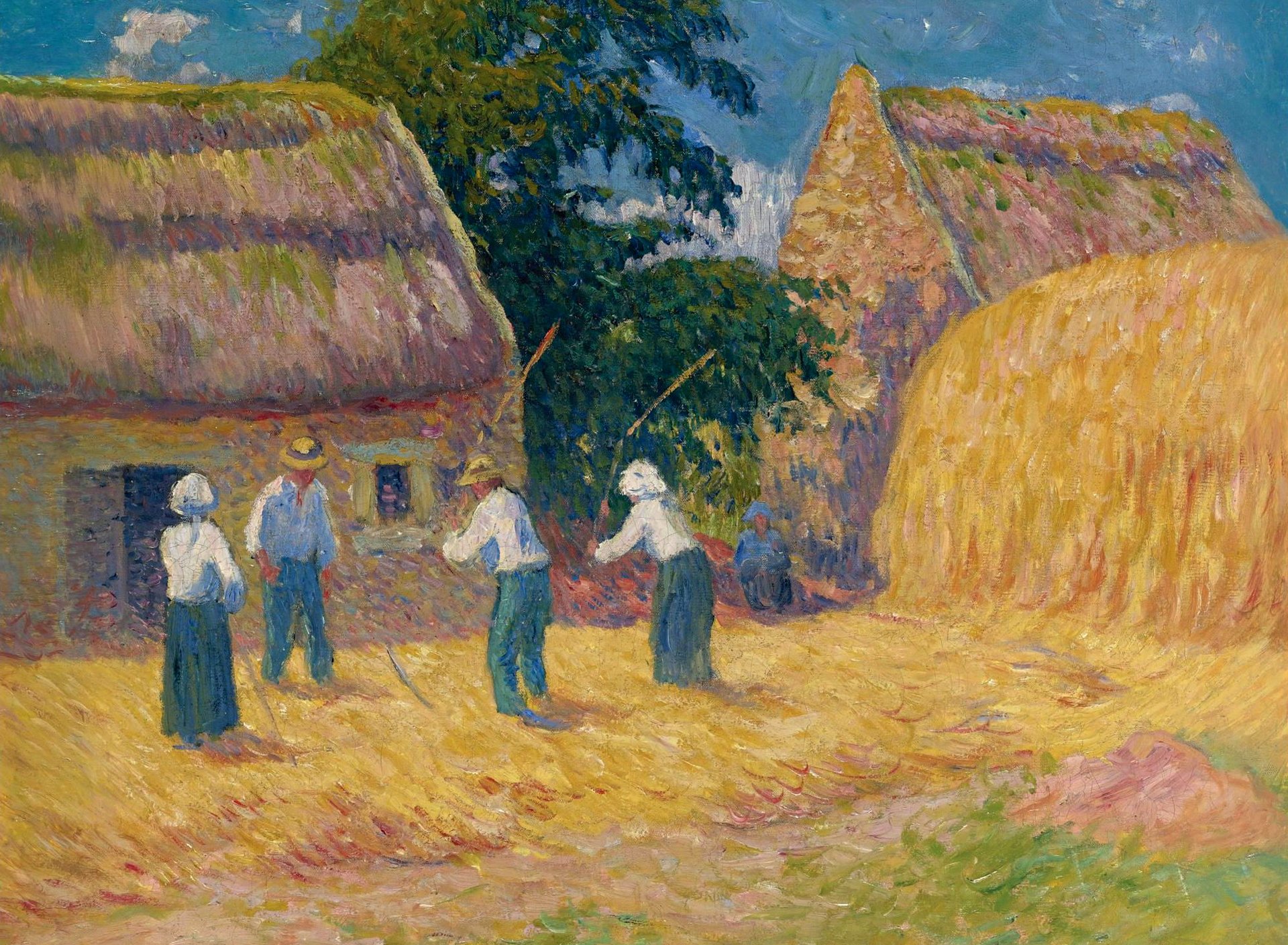 henri mare trebbiatura del grano trebbiatura del grano pittura genere moto cortile pagliaio casa persone