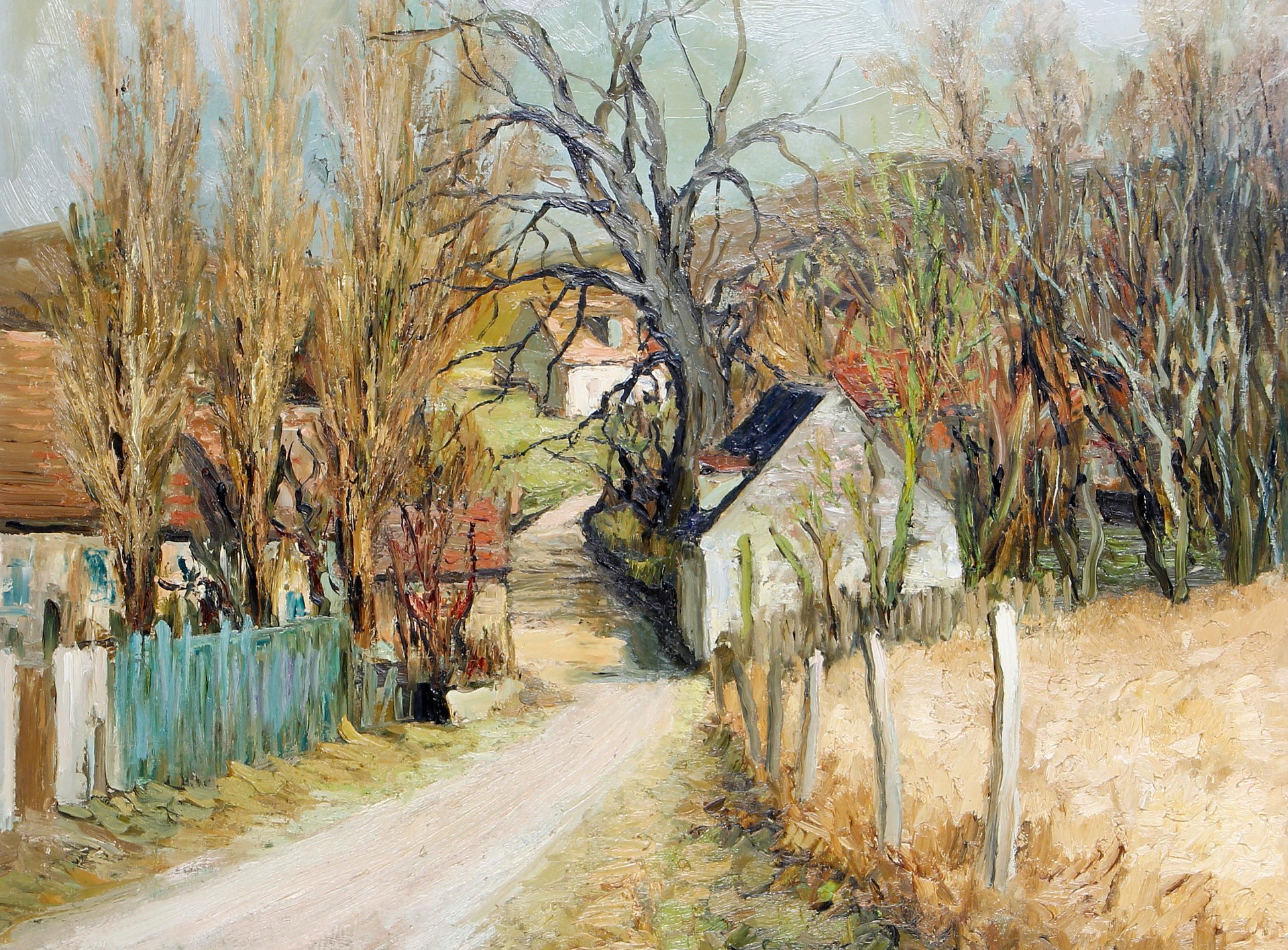 marcel dief peinture paysage route maisons arbres