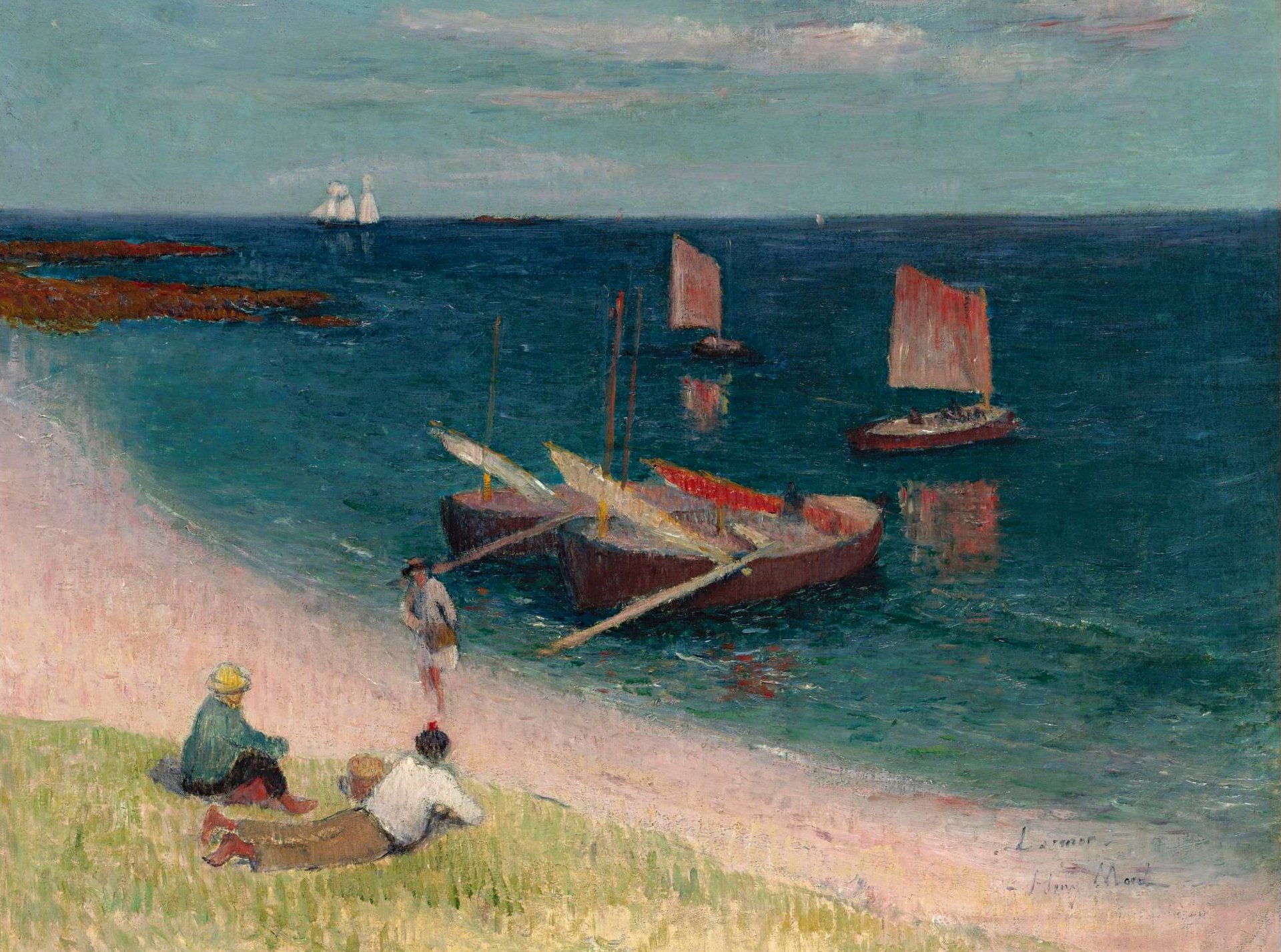 henri mer plage sur la côte d azur peinture paysage marin côte gens bateaux voile