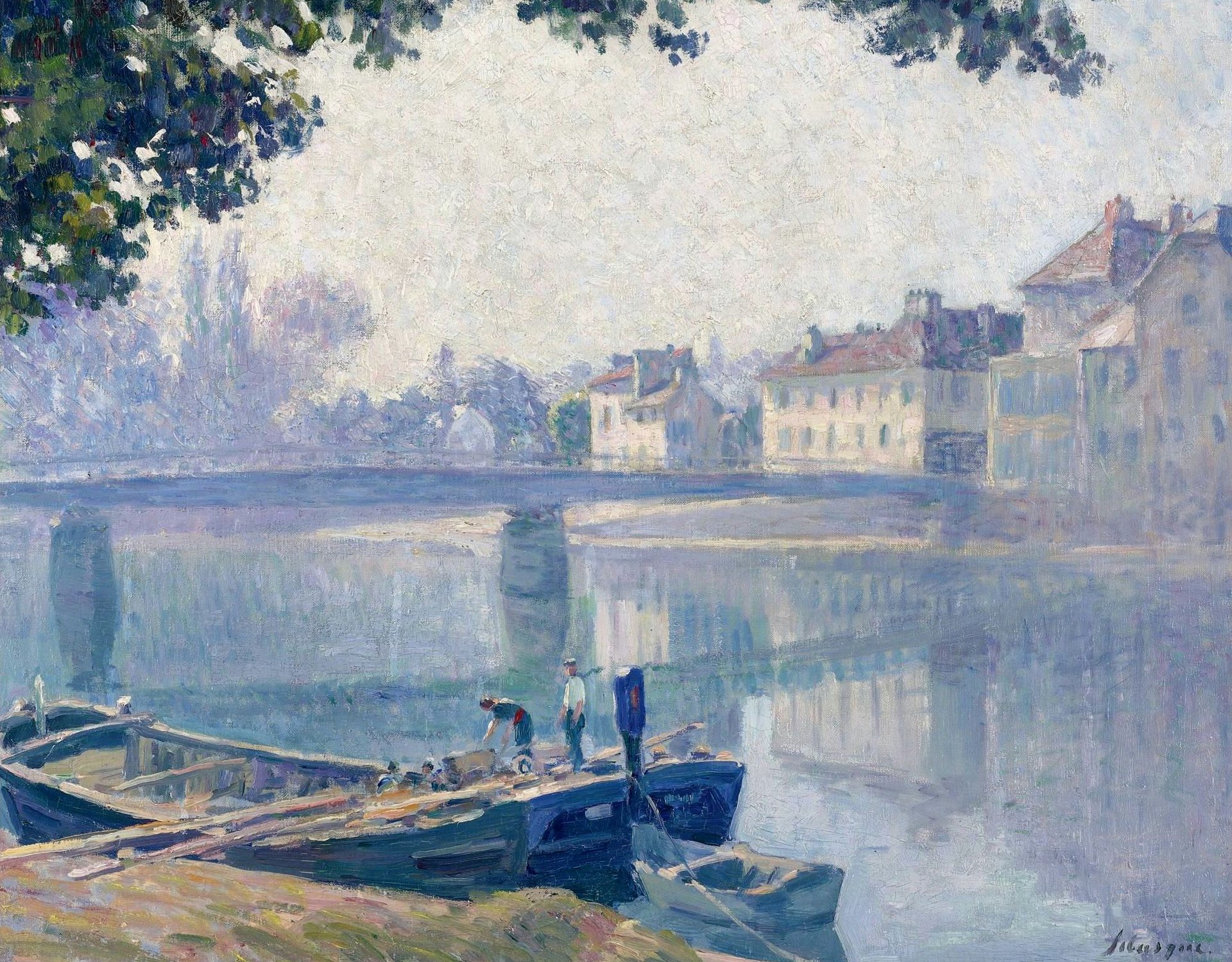 henri lebasque marne gemälde landschaft stadt fluss brücke boot menschen