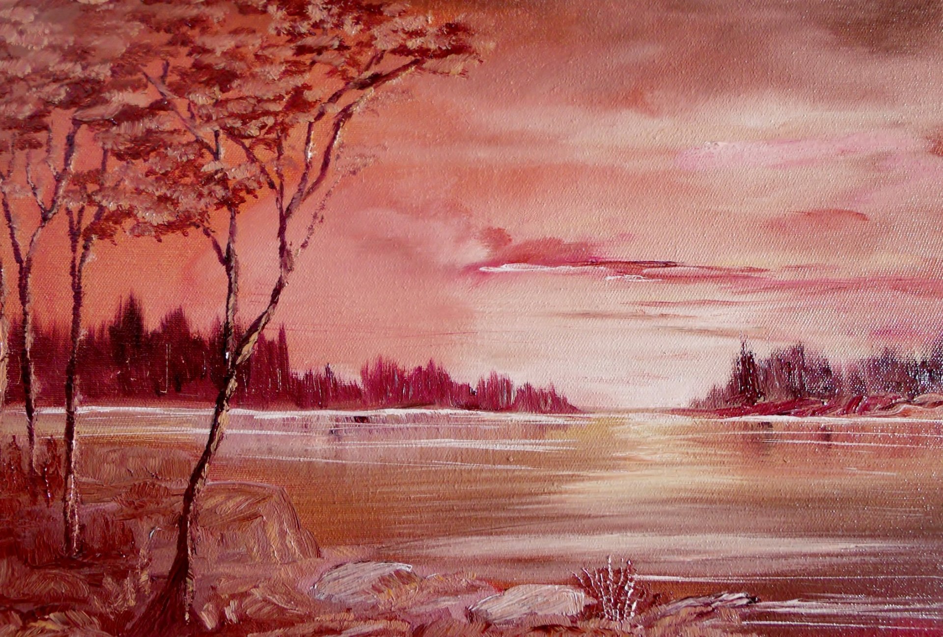 paisaje pintado río árboles