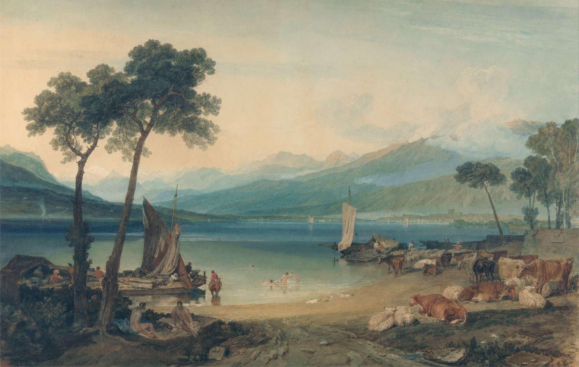 william turner genfer see und mont blanc gemälde landschaft berge boot segel kühe