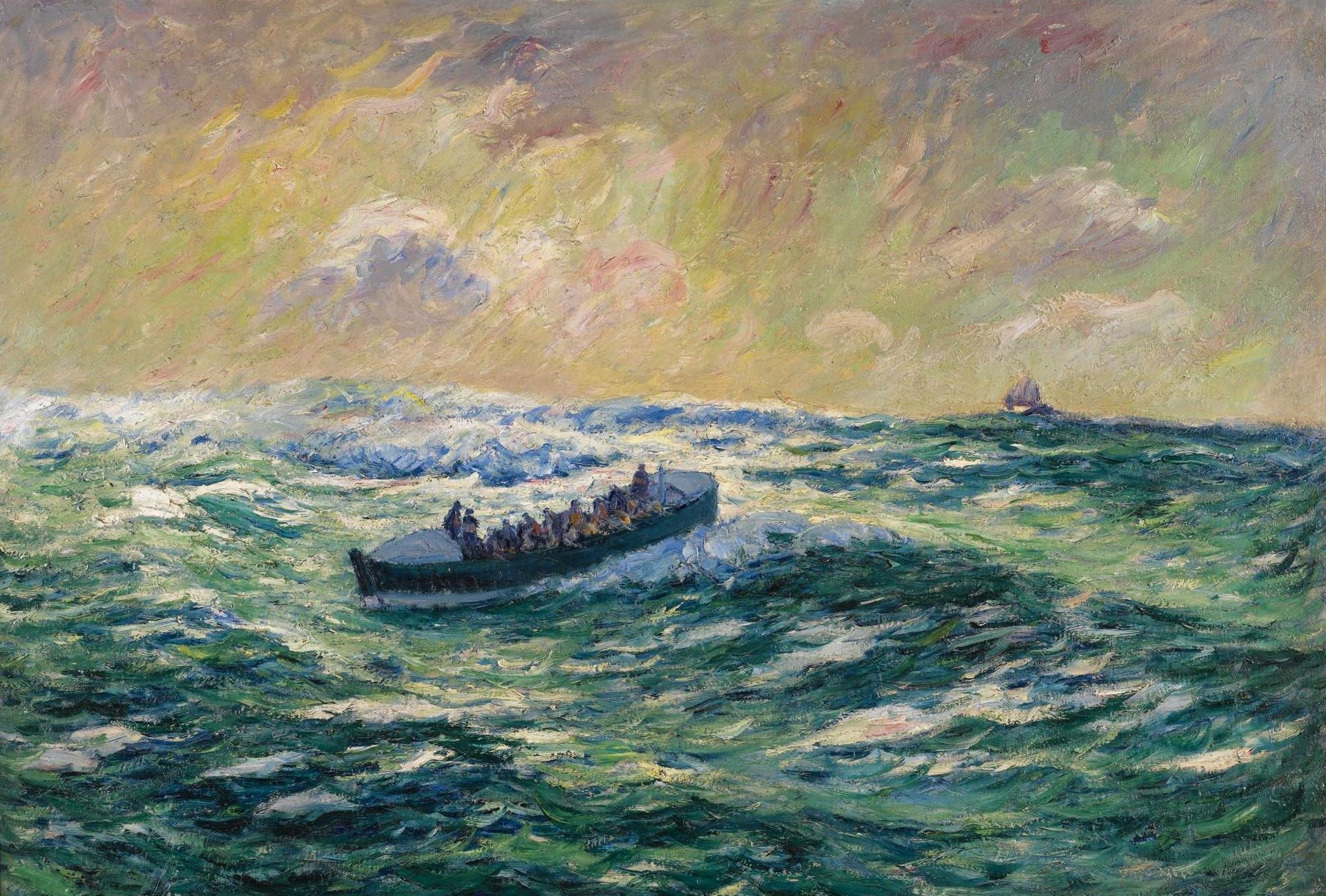 henri mare barca di salvataggio su audierne finistère pittura paesaggio marino tempesta mare onde barca barca