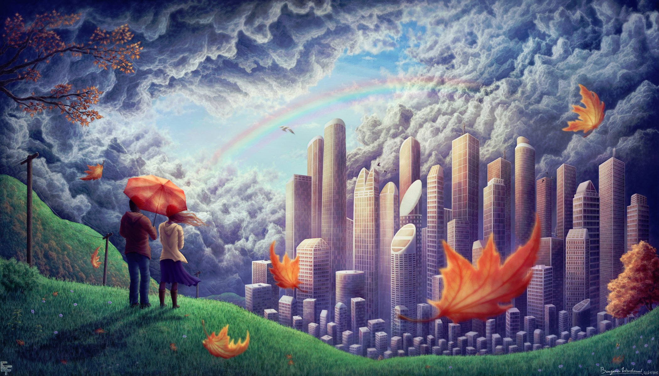 kunst paar kerl mädchen hügel stadt wolken regenbogen laub wind vögel