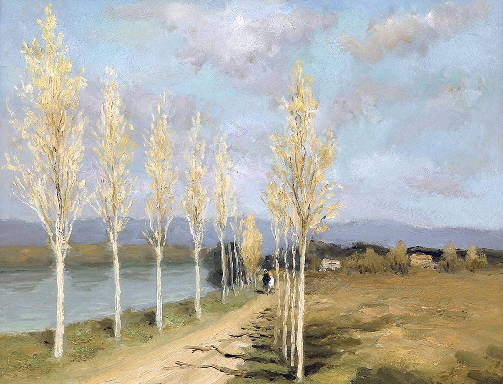 marcel dif sulla riva del canale paesaggio pittura alberi montagne