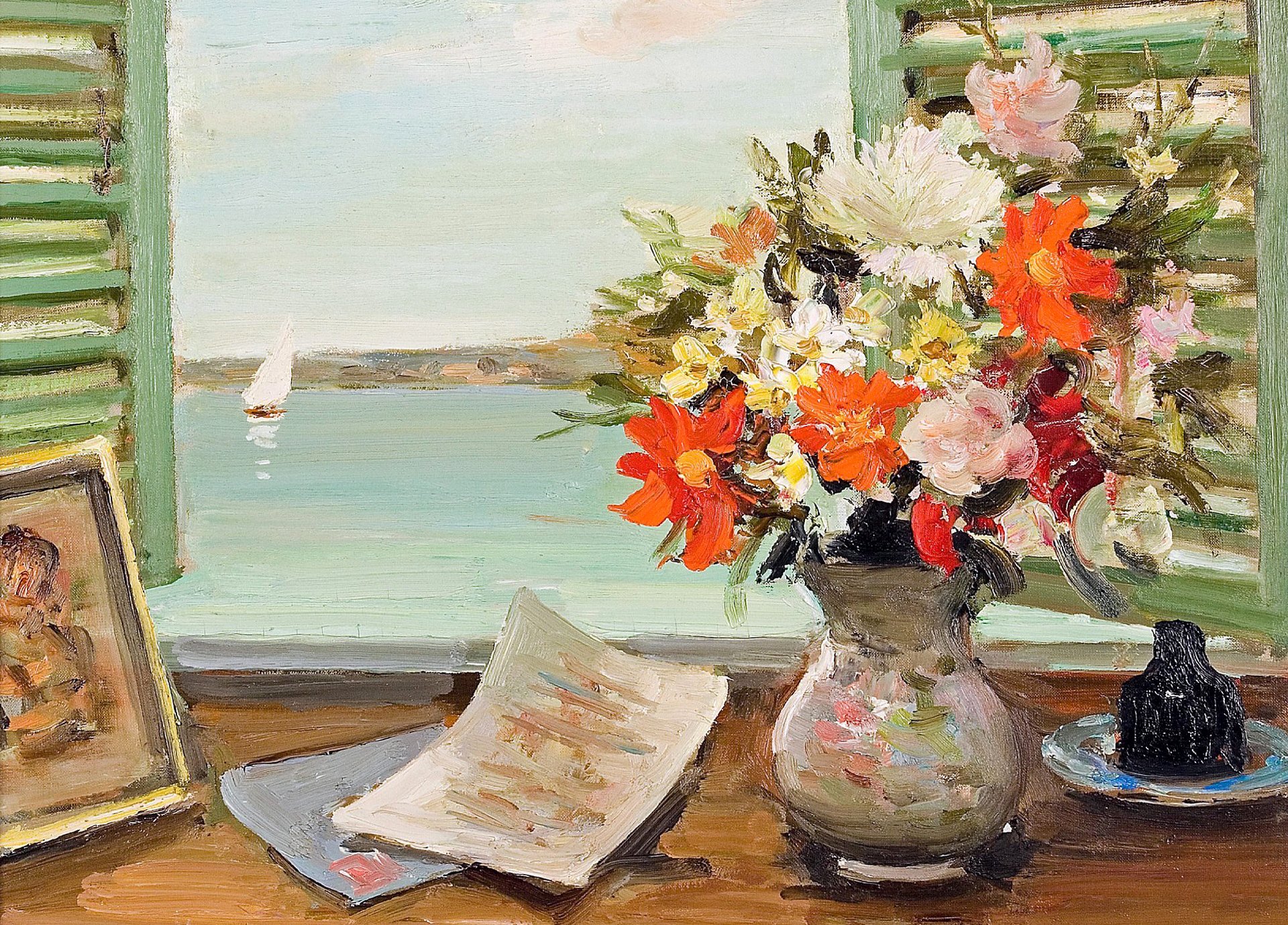 marcel dif persianas abiertas pintura barco vela ventana florero flores