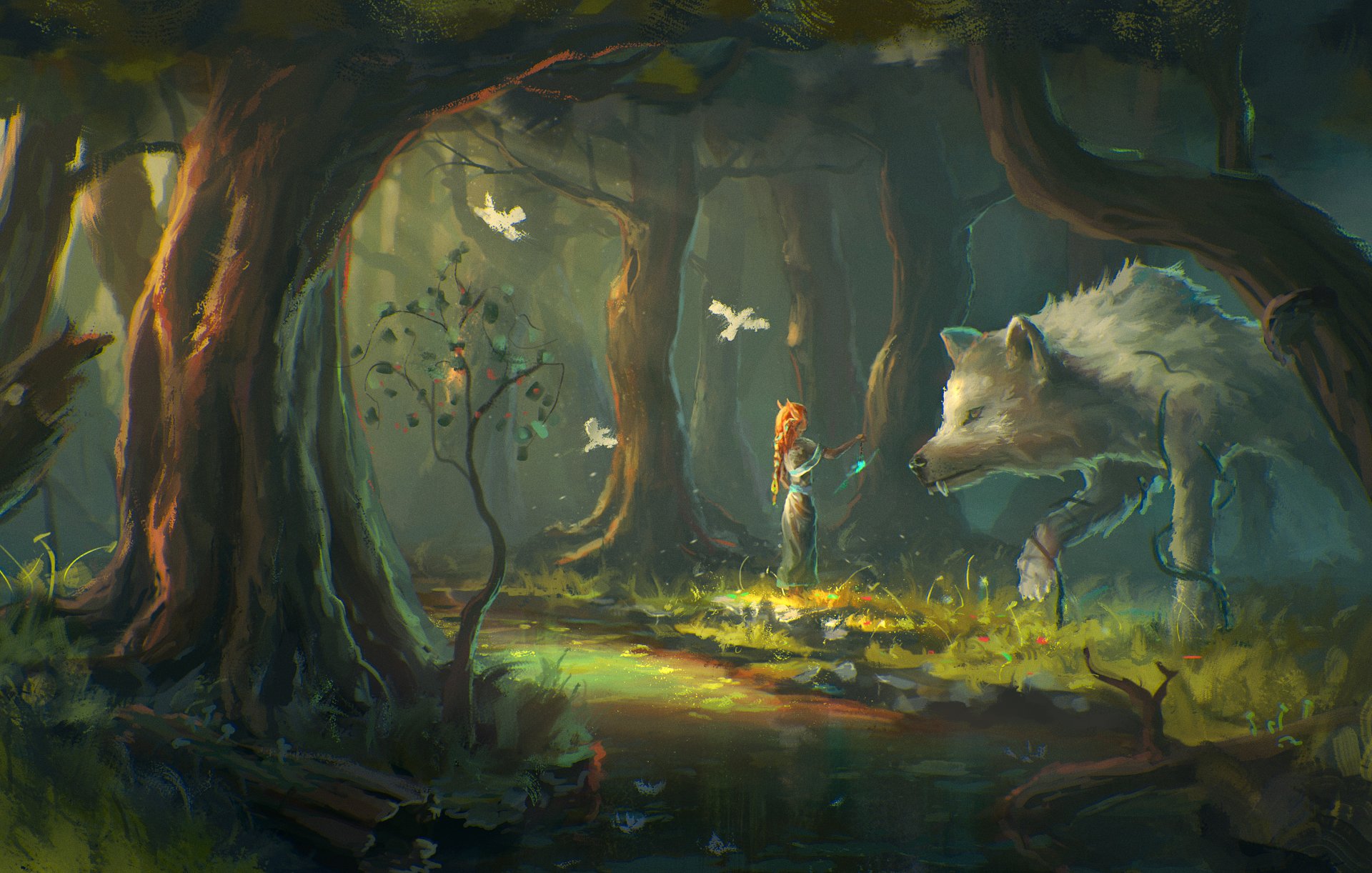 girl wolf forest art fantasy tree bird