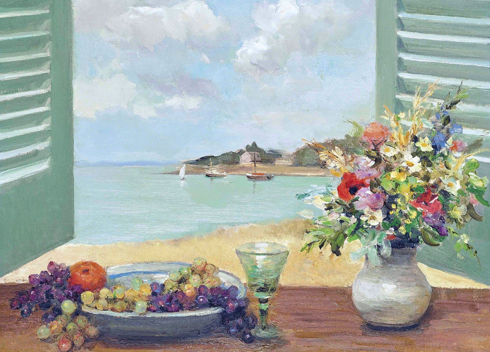 marsiglia dif finestra vista mare pittura paesaggio persiane fiori frutta barca vela