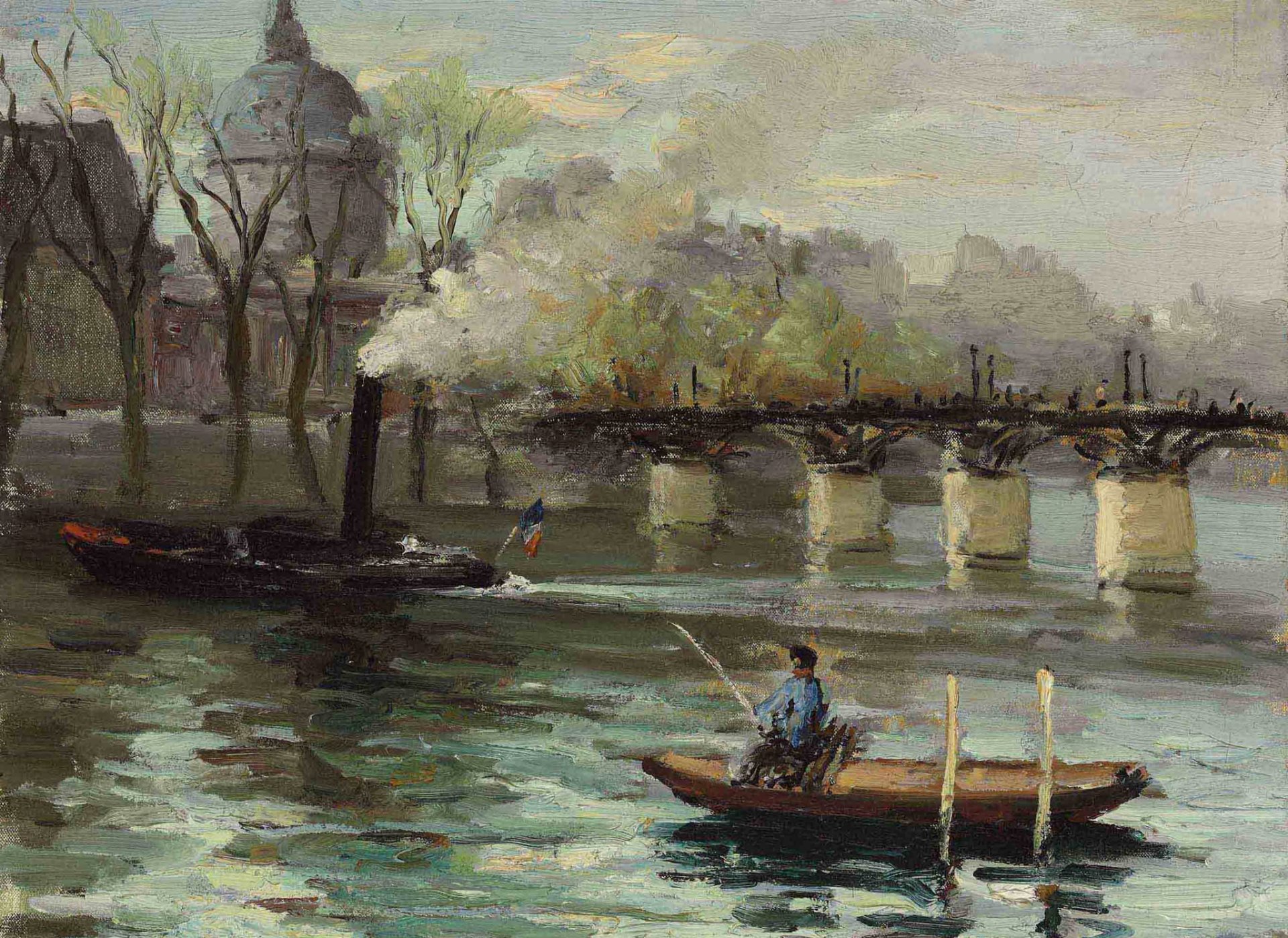 marcel dif sena en parís pont des arts y el instituto de francia pintura paisaje puente barco barco