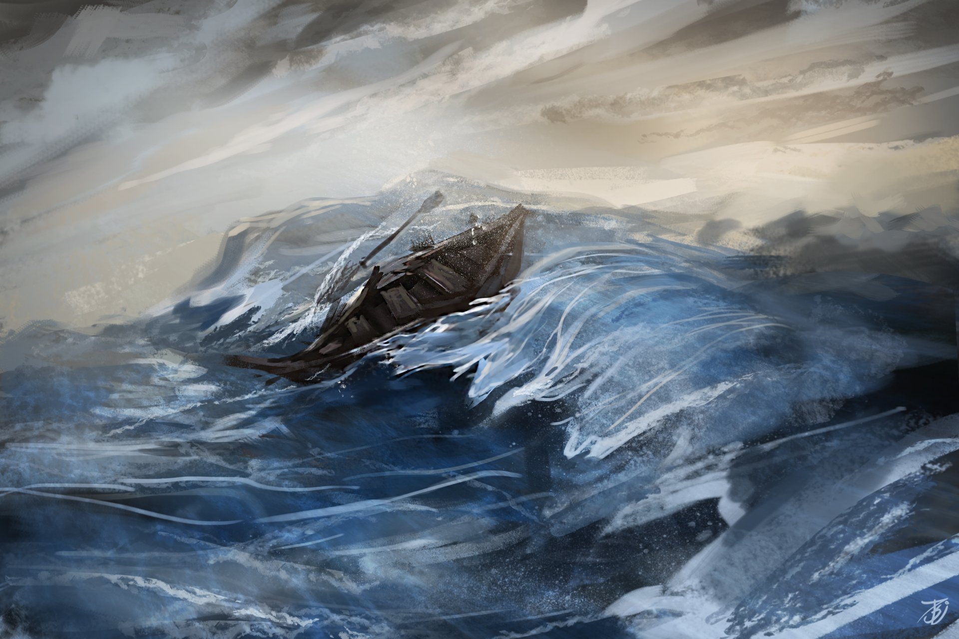 dessin mer tempête vagues bateau épave