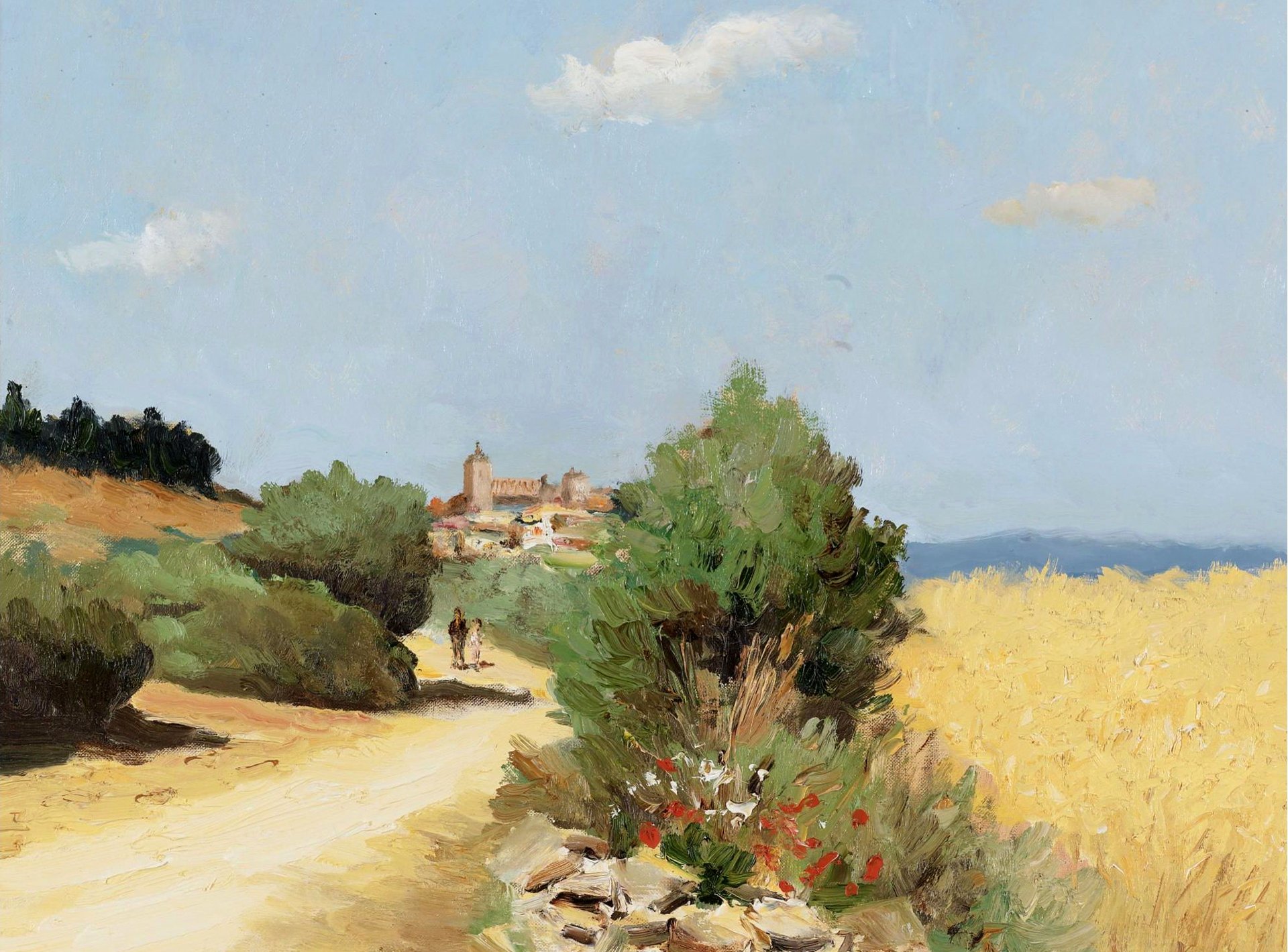 marcel dif passeggiata lungo un campo di grano pittura paesaggio colas alberi persone città