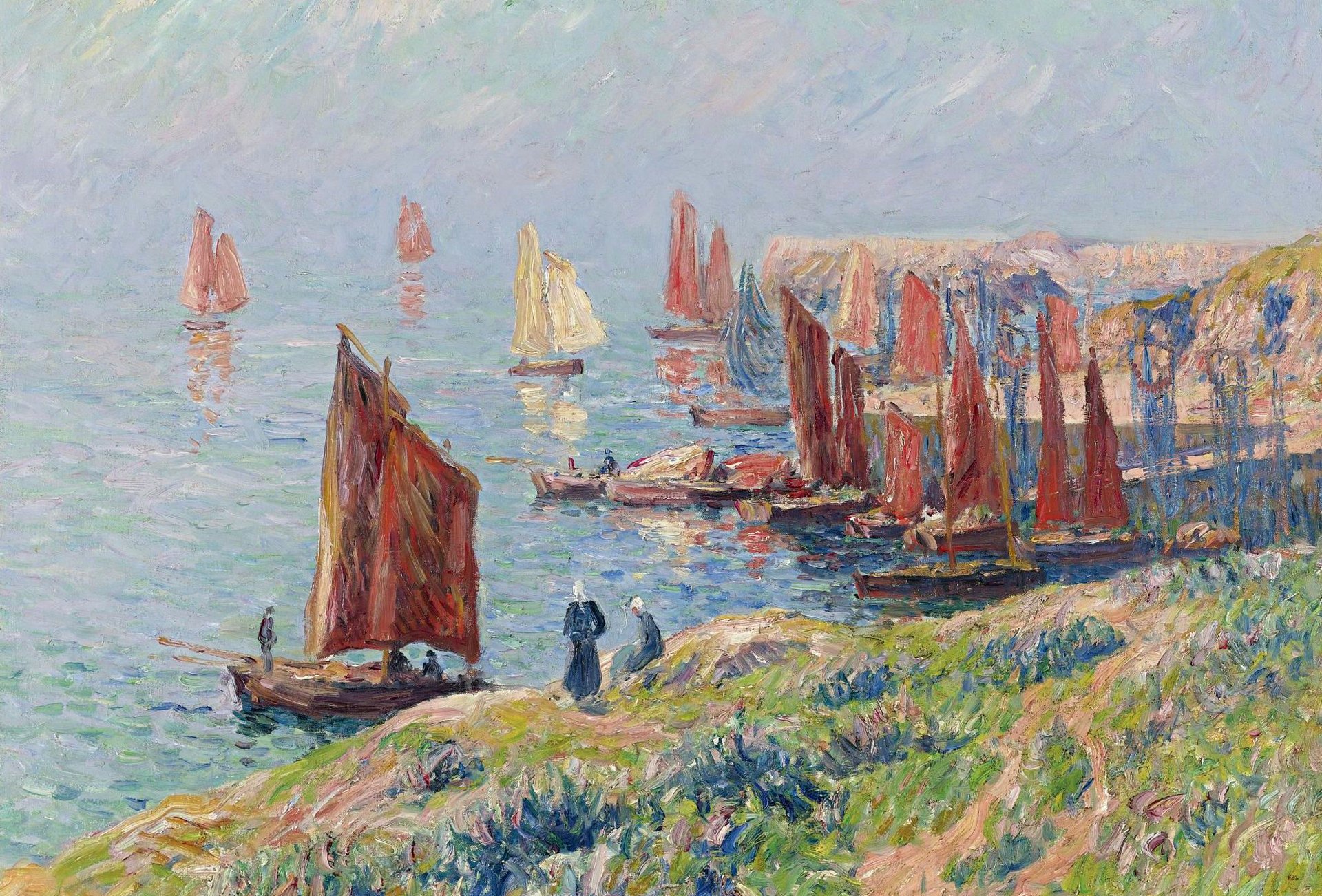 henri moret returning of the boats pattern landscape sky sea boat sail rock people