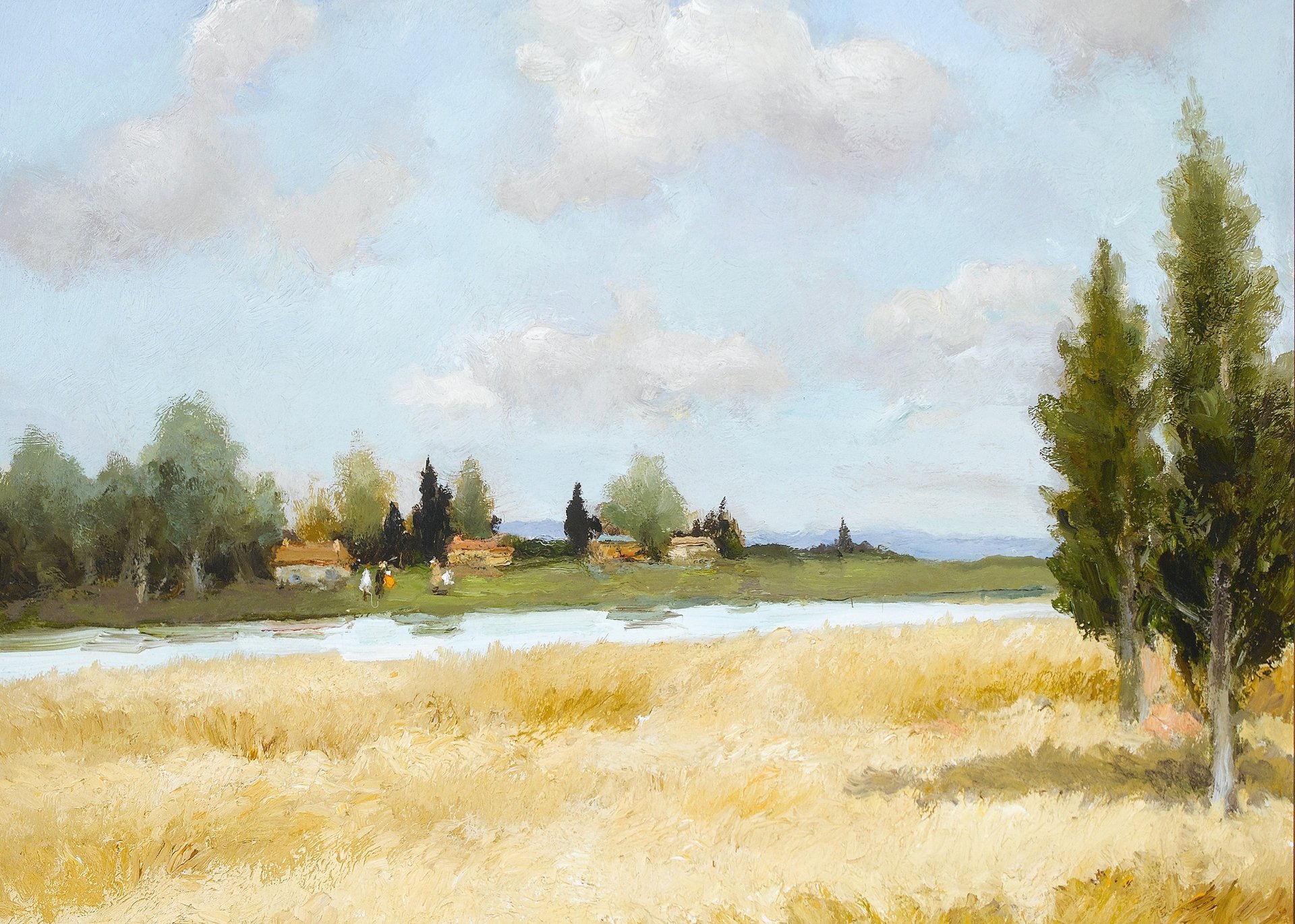 marcel dif grano e fiume pittura paesaggio campo alberi case