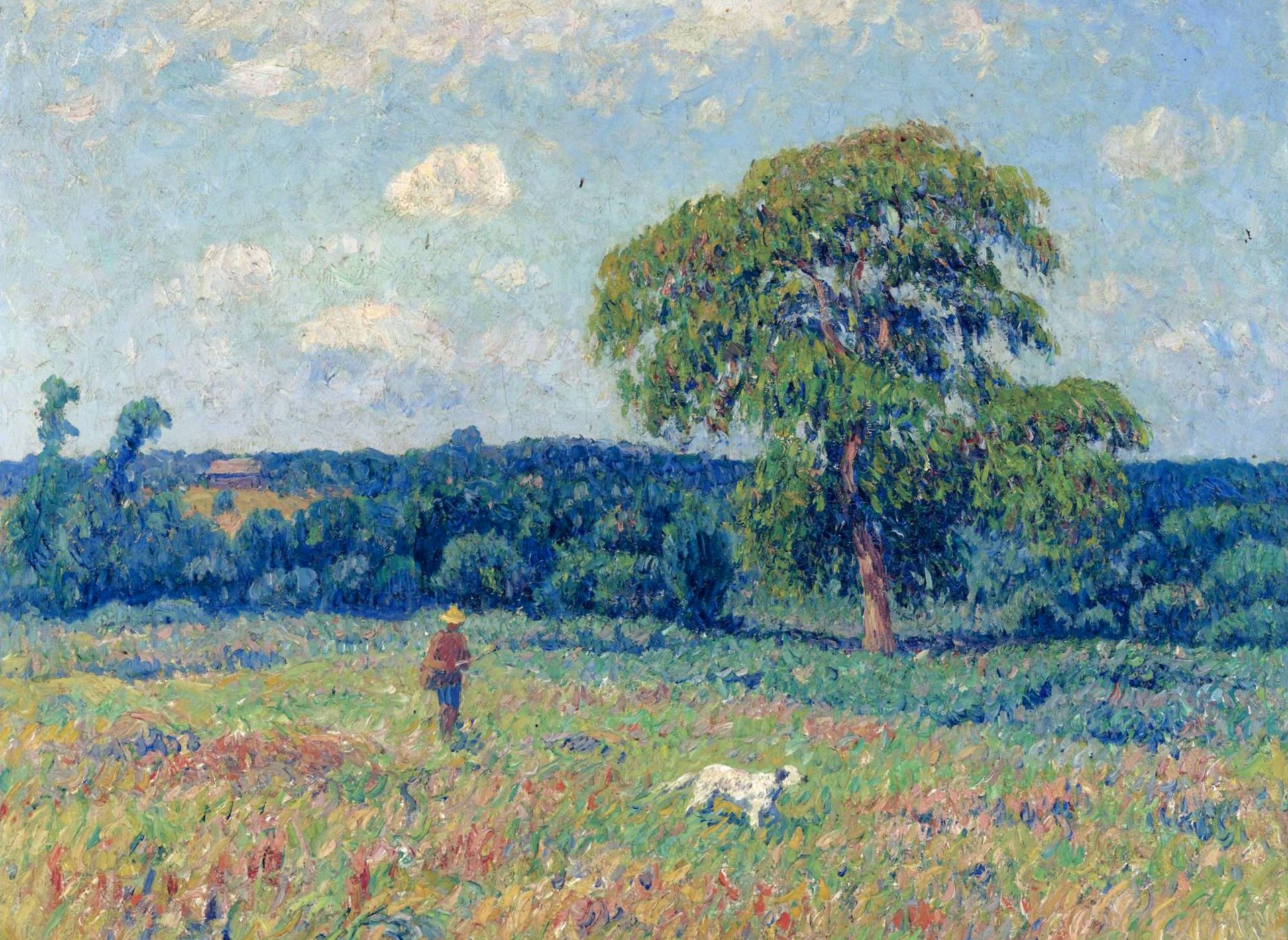 henri mer paysage avec le chasseur et son chien peinture arbres pré ciel