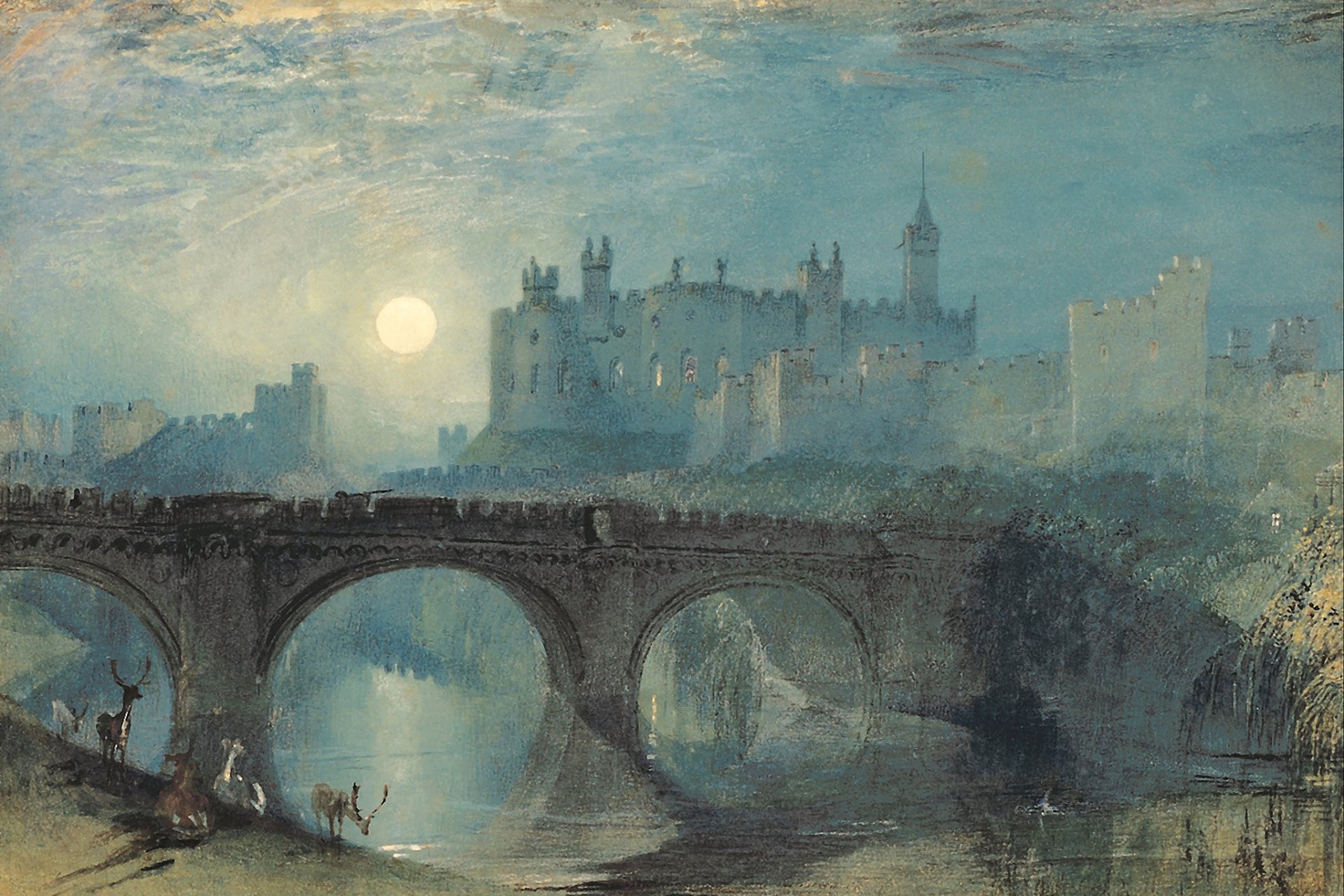 william turner château d alnick peinture paysage soleil coucher de soleil rivière pont cerfs angleterre