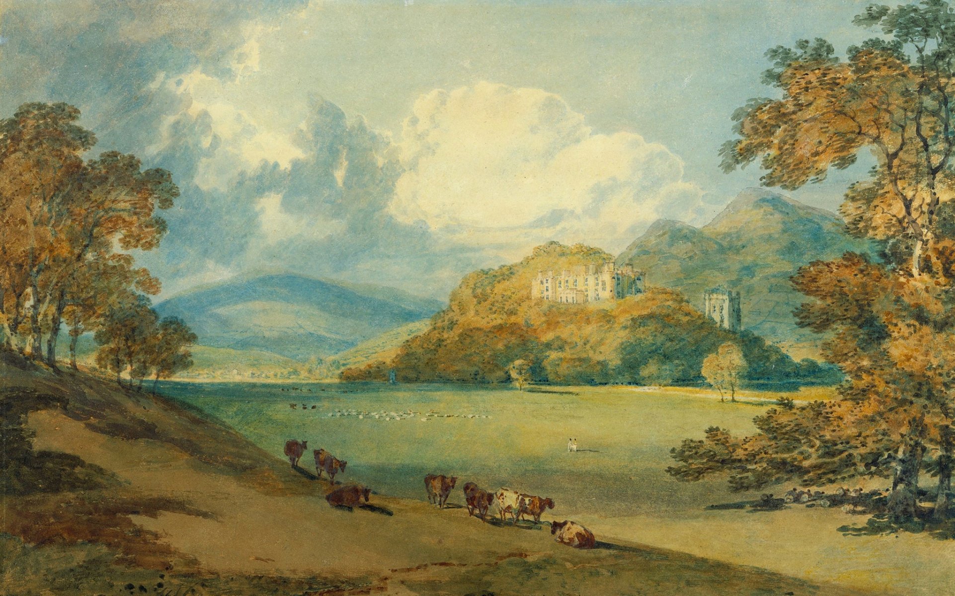 william turner vista del castillo de dunster desde el noreste pintura paisaje montañas valle árboles castillo vacas