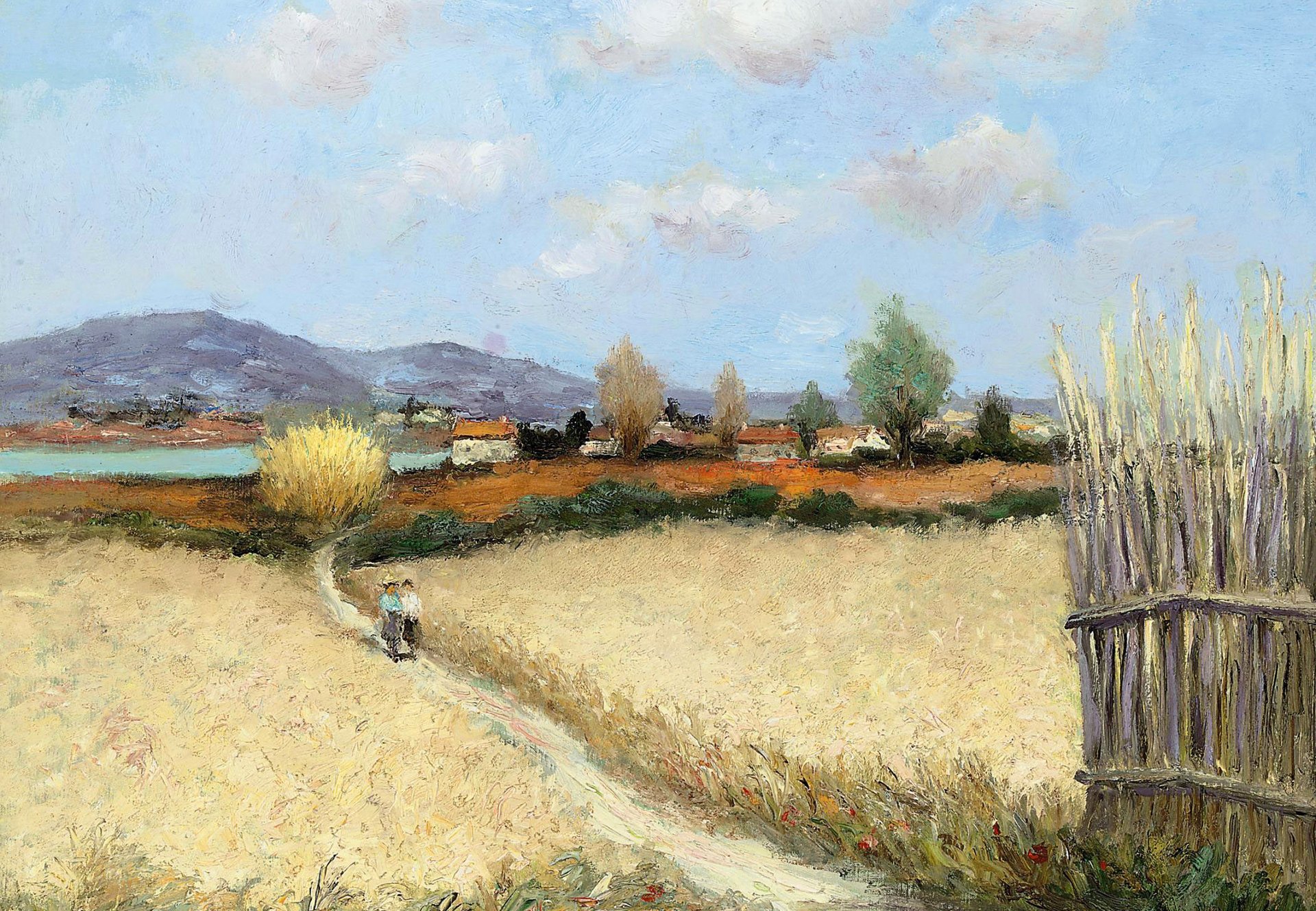 marcel dief rive de la rivière en provence peinture paysage champ sentier personnes route maisons montagnes