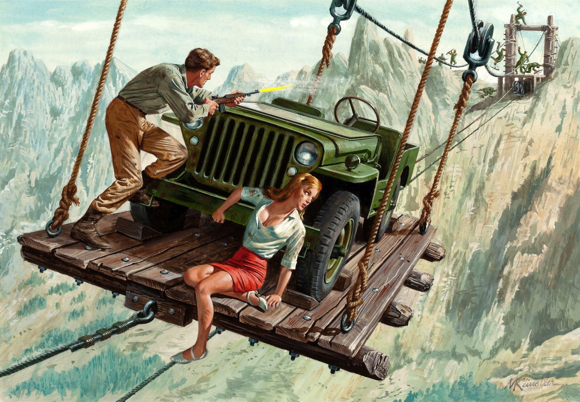 mort künstler chica hombre cruce jeep jeep persecución