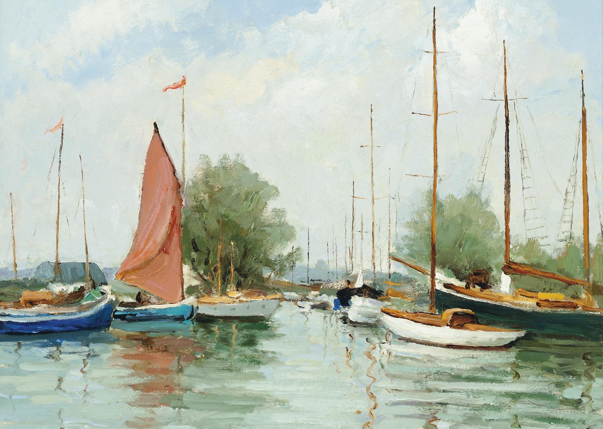 marcel dief base navale en angleterre peinture paysage marin bateau voile mât