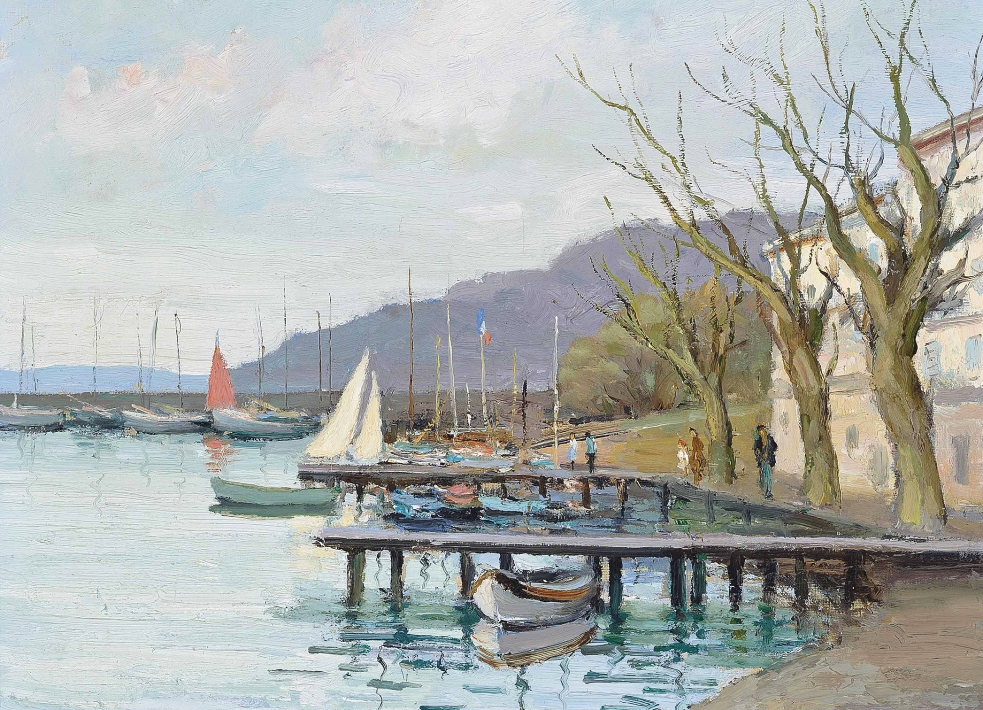 marcel dif yates en provenza en la bahía de juan pintura paisaje marino muelle vela casas árboles montañas