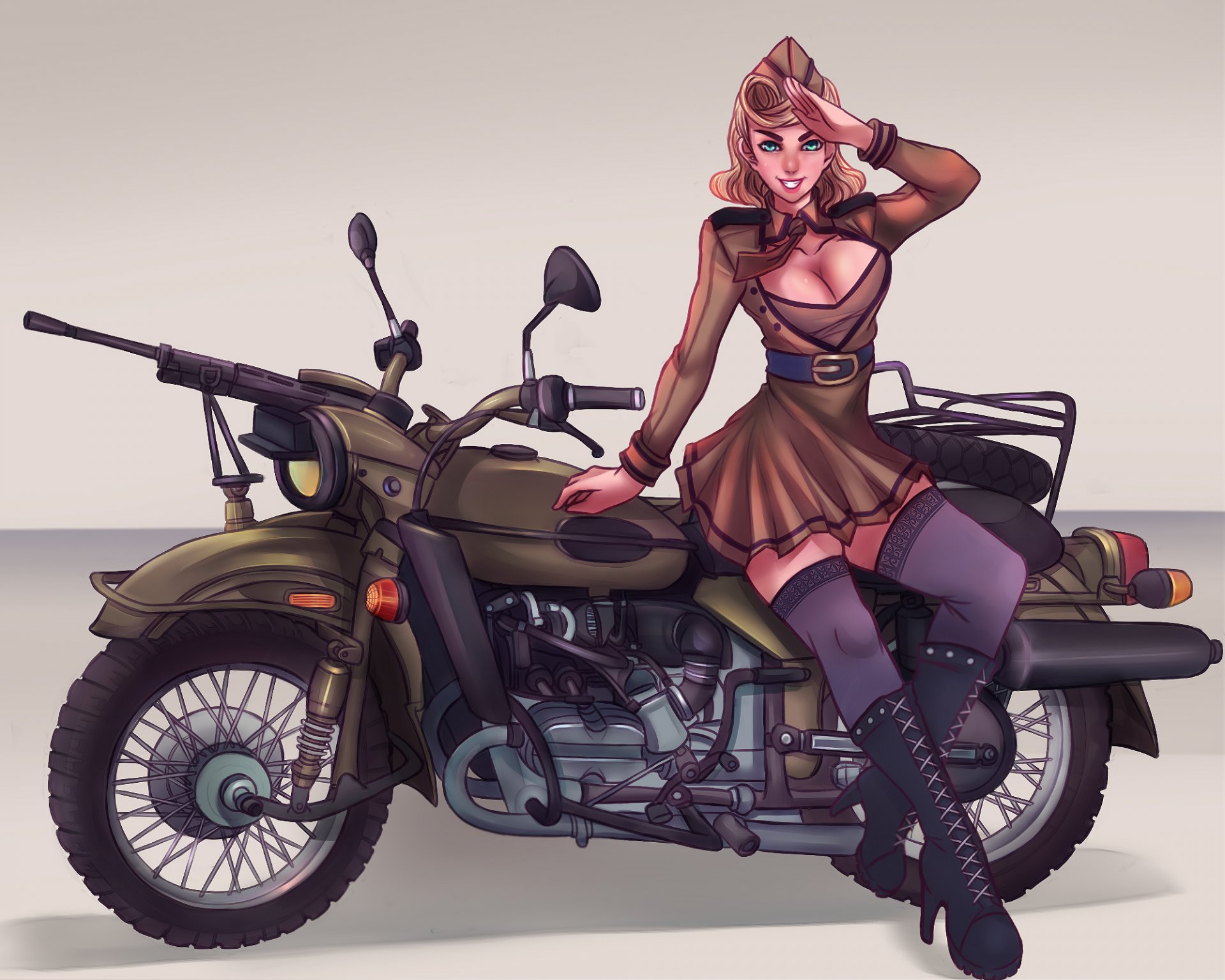 girl bike beauty blonde uniforms breasts machine gun