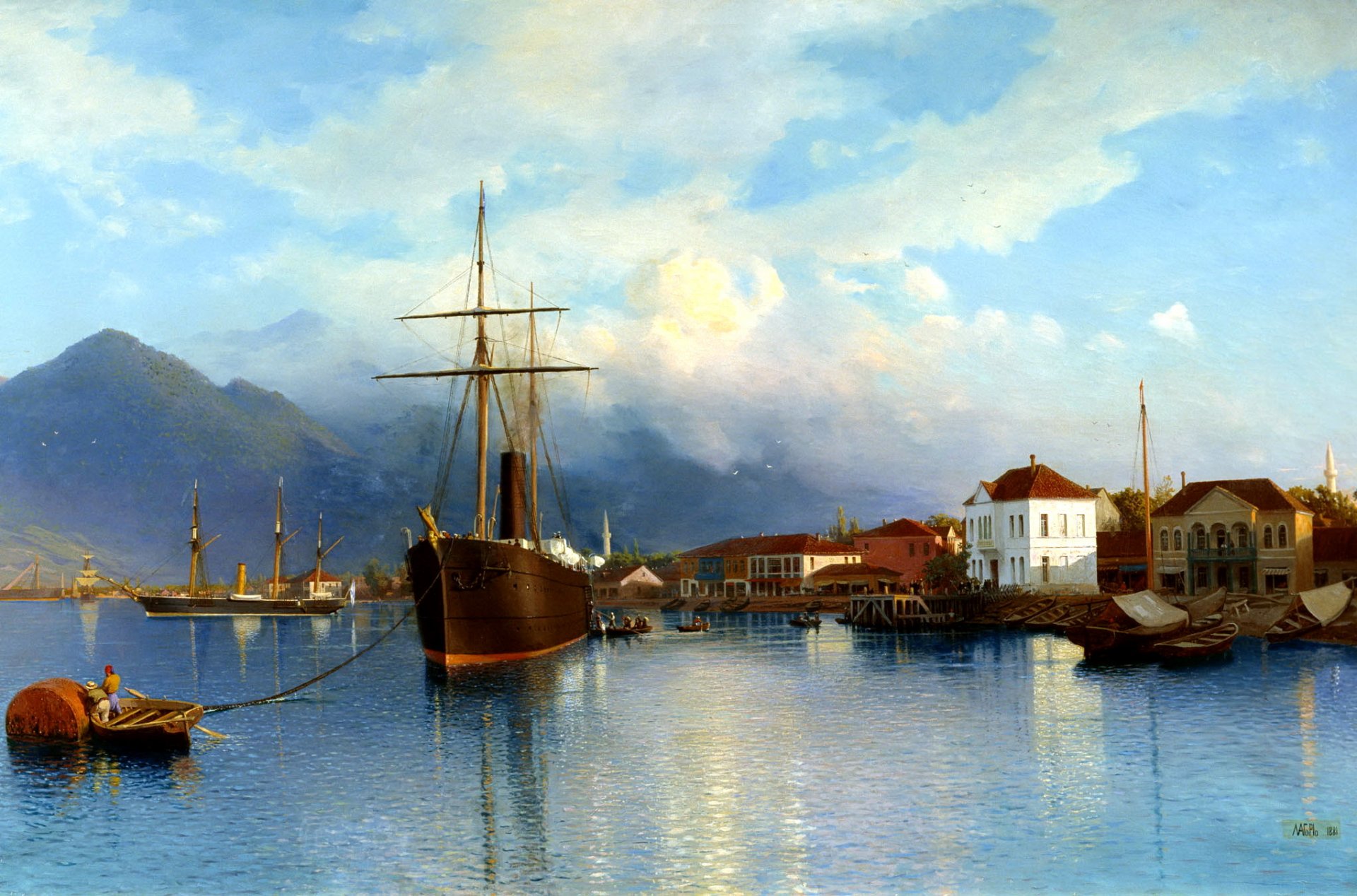 pittura lagorio leone batum nave barche molo baia acqua montagne cielo nuvole