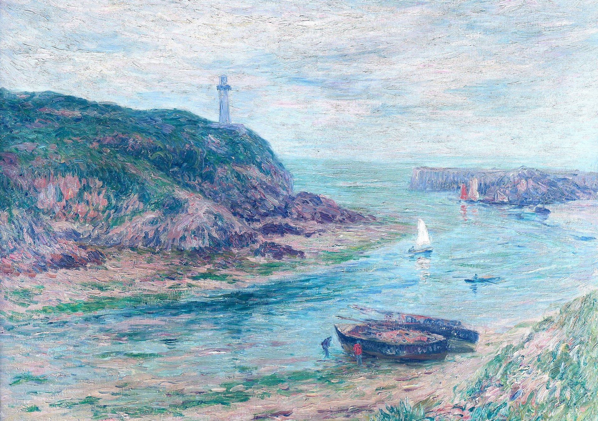 henri mar cloard-carnoie marea baja pintura paisaje roca mar bahía barco vela faro