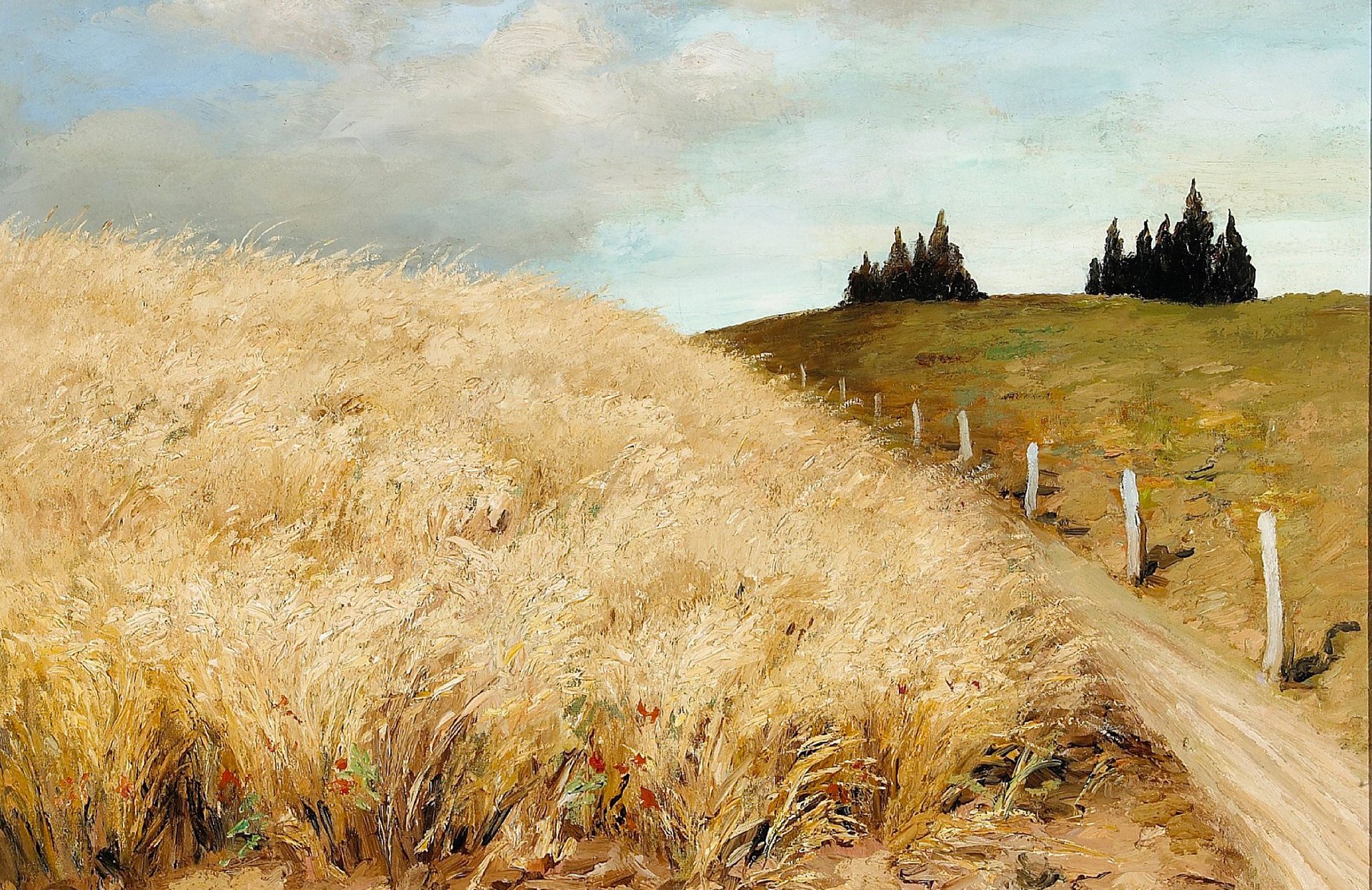 marcel dif campo di grano pittura paesaggio strada recinzione colline